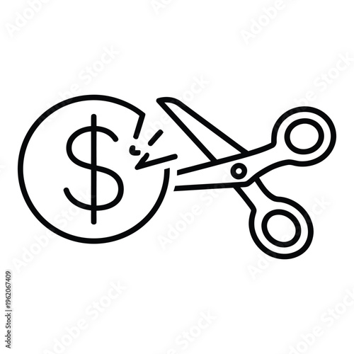Scissors cutting a dollar coin with a dollar sign, symbolizing cost reduction, scissors cut