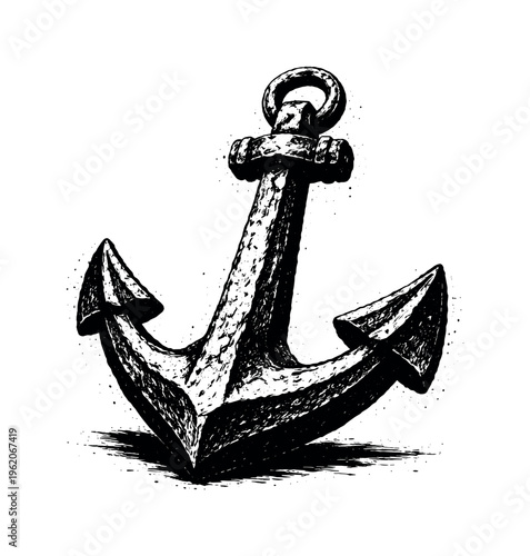 Weathered anchor shown in three-quarter perspective, enlarged to dominate the frame and isolated on a perfectly clean white background, the flukes spread wide