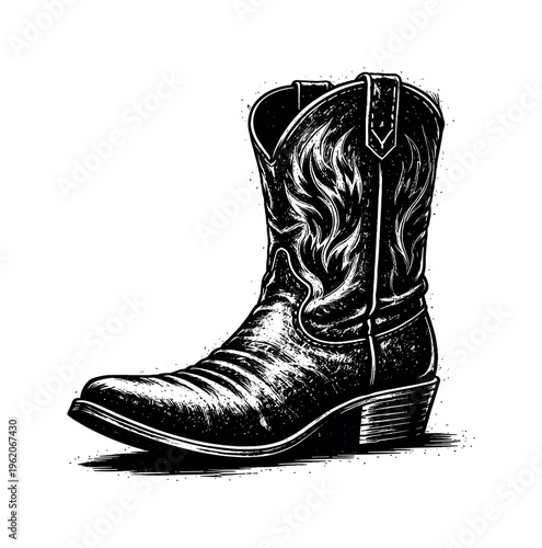 Cowboy boot in dramatic side view with the toe angled slightly toward the viewer, enlarged so the shaft, heel, and curved vamp fill nearly the entire
