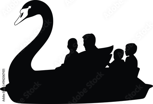 Black silhouette of a family with children riding a swan paddle boat on a lake during a summer park vacation