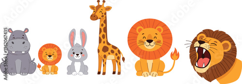 Cute Safari Animal Set with Hippopotamus Lion Cub Rabbit Giraffe and Roaring Lion Characters for Kids Nursery Design Wildlife Cartoon Vector Collection