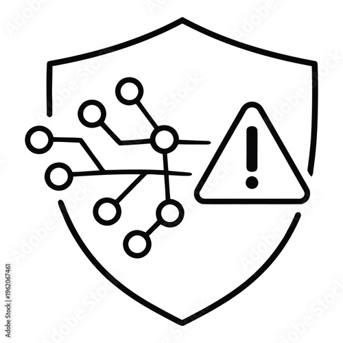 Cyber security shield with circuit and warning symbol icon