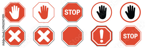 red stop sign icons pack, white hand do not enter symbols, warning prohibition and restriction signs, traffic safety control concept, simple modern vector illustration set.