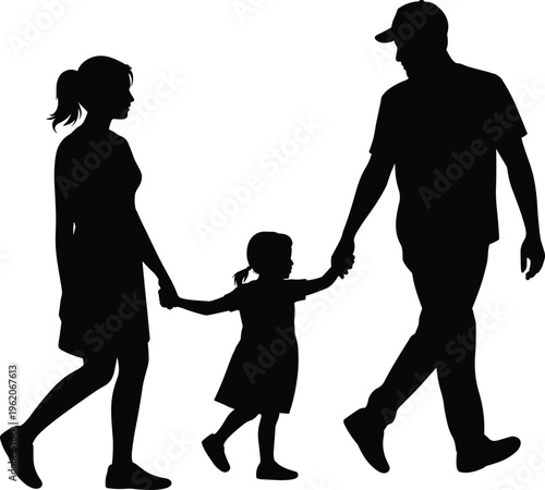 Black silhouette of a happy family with father mother and daughter walking holding hands isolated on white background for design.