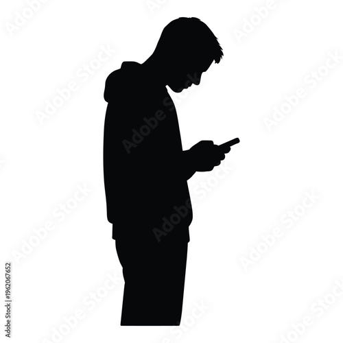 Silhouette of young man looking at smartphone with social media