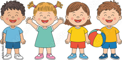 Group of happy diverse cartoon children characters smiling and playing together with a colorful ball for kids education design.