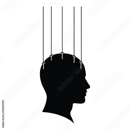 Silhouette profile of a human head with strings attached, symbolizing control, manipulation, and puppetry