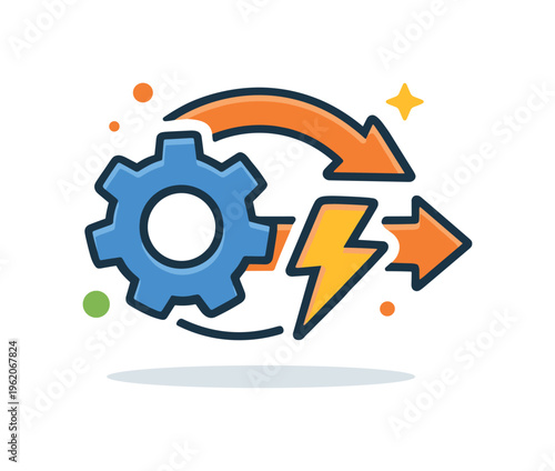 Work automation and process optimization in modern business environments focused on reducing repetitive tasks and increasing operational efficiency, a gear combined with a flow
