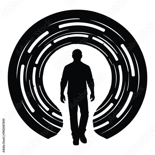 Silhouette of a person walking into a futuristic portal, symbolizing, journey, and new beginnings