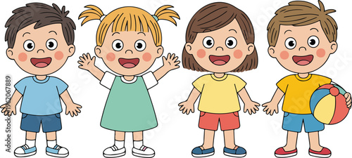 Group of happy diverse cartoon children characters smiling and waving together with a colorful ball for kids education design.