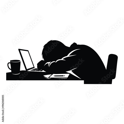 Silhouette of exhausted person sleeping on laptop at desk with coffee cup, symbolizing burnout and overwork