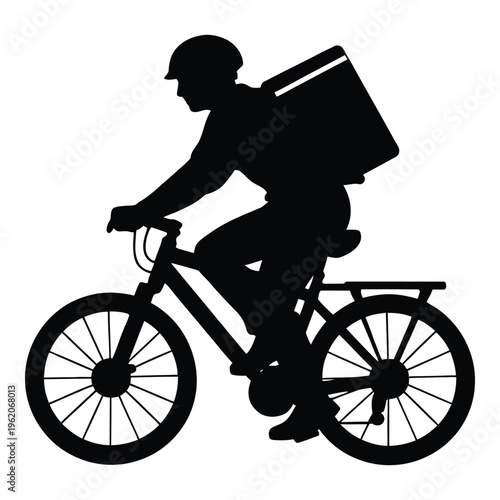 Silhouette of delivery person riding bicycle with insulated bag, representing food delivery and courier service