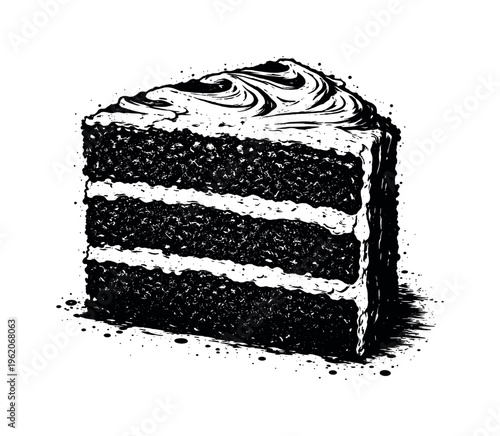 A realistic slice of layered chocolate cake with frosting shown in three-quarter perspective, enlarged to dominate the frame and isolated on a pure white