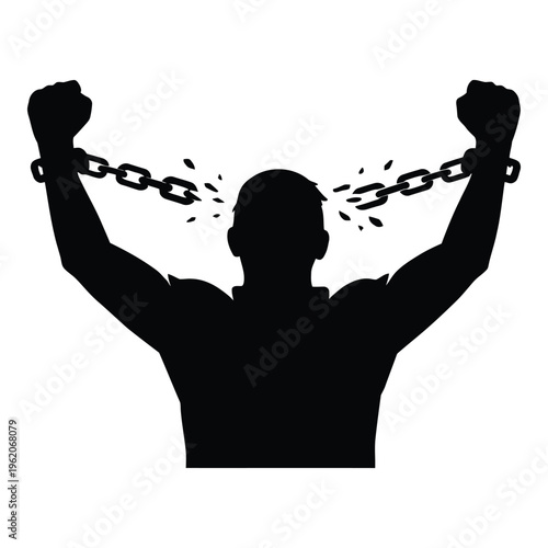 Silhouette of person breaking chains, symbolizing freedom, liberation, and overcoming obstacles