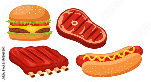 Grilled burgers steaks and hotdogs illustration.