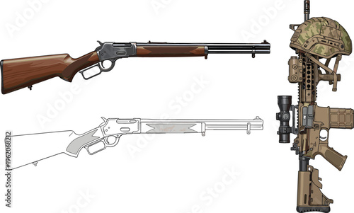 Military Firearm and Tactical Gear Icon Set Featuring Rifles, Shotguns, and Helmets for Action, Gaming, and Military Designs