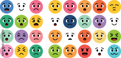 Colorful Minimalist Emoji Face Vector Icons Set Featuring Diverse Expressions Happy Sad Angry Surprised And Neutral Character Design Elements