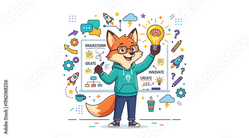 Creative Fox Character Holding Light Bulb, Brainstorming Ideas with Whiteboard