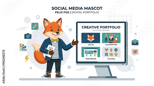 Creative Fox Mascot Presents Digital Portfolio on Computer Screen