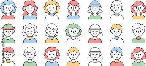 Flat Vector Line Art People Avatar Icons Set Featuring Diverse Young Men and Women With Colorful Hairstyles And Minimalist Outfits