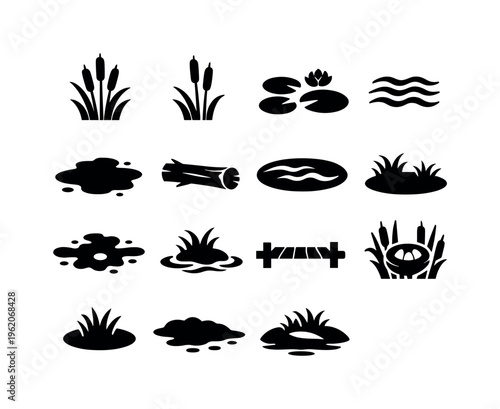 Marsh habitat elements: reeds, cattails, lily pads, water ripples, mud patch, fallen log, wetland pool, grass tufts, algae, small island, wooden boardwalk, nest in reeds
