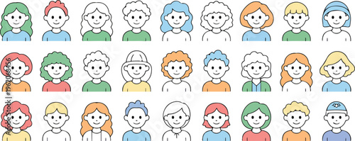 Flat Vector Line Art People Avatar Icons Set Featuring Diverse Young Men and Women With Colorful Hairstyles And Minimalist Outfits
