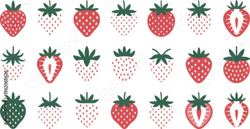 Strawberry Fruit Vector Icon Set Featuring Whole Berries And Half Sliced Pieces In Minimalist Flat Graphic Design Style
