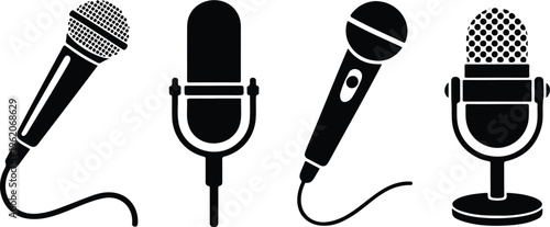 Professional Microphone Vector Icon Set Featuring Retro And Modern Studio Mics For Podcast Recording Audio Equipment And Musical Performance