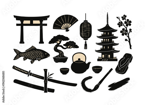 A Japanese culture themed collection of isolated traditional objects, nature elements, and symbolic items, designed as a vintage reference sheet of individual