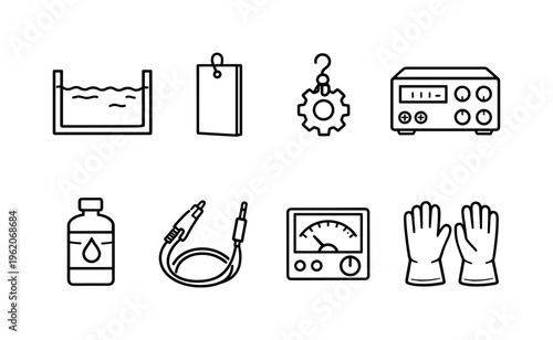 Electroplating process setup: plating tank, metal anode, cathode object, power supply unit, electrolyte solution, wiring cables, control meter, safety gloves