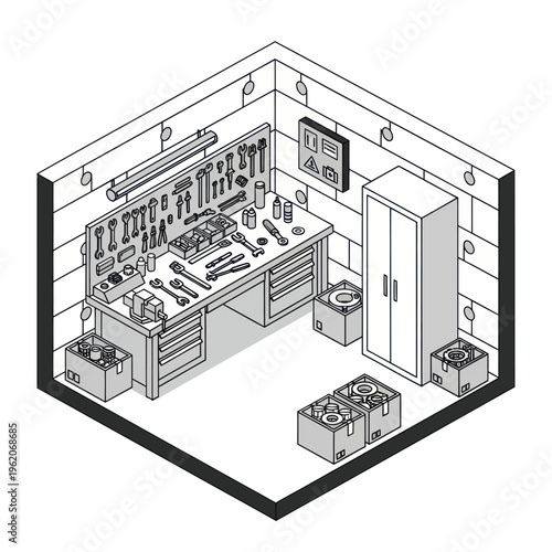 Isometric Workshop Illustration - Detailed Workbench and Tool Storage.