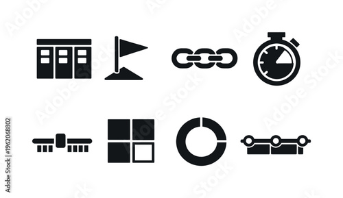 Project management workflow: kanban board columns, milestone flag marker, task dependency chain, sprint timer dial, resource allocation slider, risk matrix quadrant, progress ring