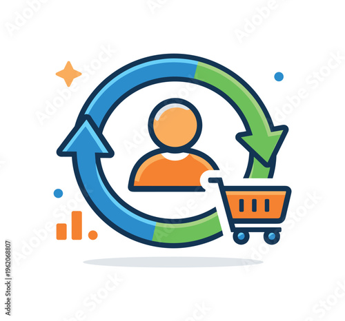 Digital marketing strategy focused on re-engaging previous website visitors and converting them into customers through targeted campaigns, a circular arrow surrounding a user