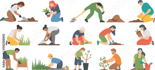 Flat gardening people illustration set, planting watering digging soil, eco lifestyle outdoor activity, horticulture work, urban garden, sustainability concept collection design