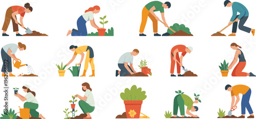 Flat gardening people illustration set, planting watering digging soil, eco lifestyle outdoor activity, horticulture work, urban garden, sustainability concept collection design
