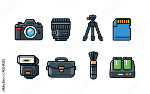 Photography equipment essentials: DSLR camera body, detachable camera lens, tripod stand, memory card, camera flash unit, camera bag case, lens cleaning brush, battery charger dock