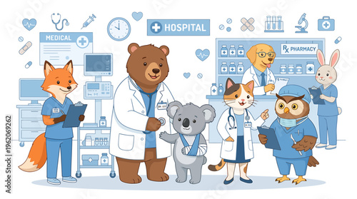 Cute Animal Doctors in Hospital: Bear, Fox, Koala, Cat, Owl, Dog, Rabbit