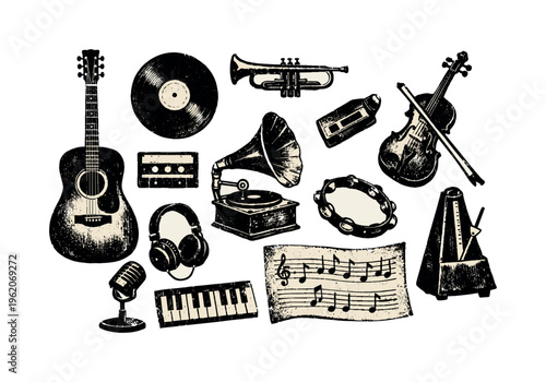 A vintage music and instruments themed collection of isolated audio-related objects and performance elements, designed as a reference sheet of individual assets