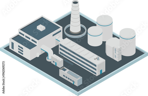 Isometric industrial factory vector illustration, modern production plant with storage tanks and chimney, 3D perspective design for manufacturing and industry concept