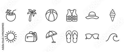Summer Travel Icons Set. Vacation Holiday Beach Tourism Line Icons Vector Illustration