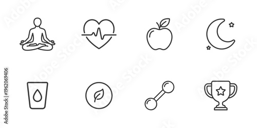 Wellness Icons Set. Health Lifestyle Meditation Fitness Line Icons Vector Illustration