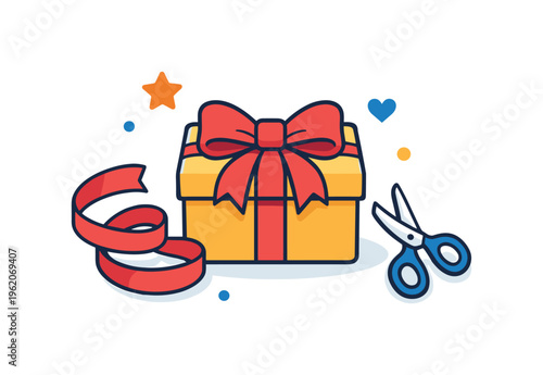 Gift wrapping ritual influenced by cultural traditions of thoughtful presentation and celebratory preparation, a wrapped gift box paired with a ribbon and a small pair of scissors