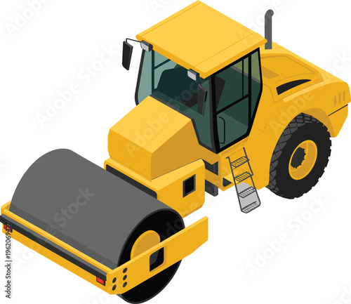 Isometric road roller compactor vector illustration, 3D construction vehicle for asphalt paving, heavy machinery equipment in modern industrial engineering design