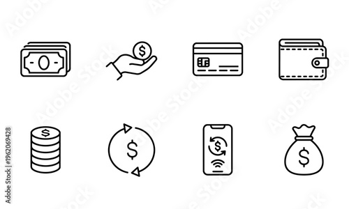 Money Finance Icons Set. Payment Banking Investment Currency Line Icons Vector Illustration