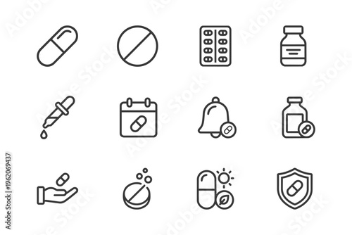 Medical Pills Icons Set. Healthcare Medicine Treatment Pharmacy Line Icons Vector Illustration