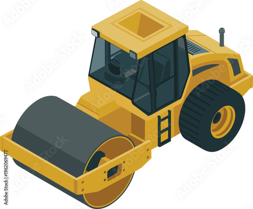 Isometric road roller vector illustration, 3D construction vehicle compactor machine for asphalt paving and roadwork equipment in modern industrial design