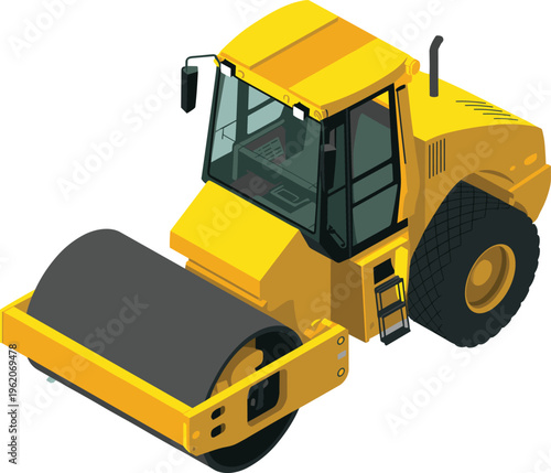 Isometric road roller vector illustration, 3D construction compactor vehicle for asphalt paving, heavy machinery equipment in modern industrial engineering concept