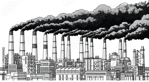 Industrial factory skyline with smokestacks emitting pollution illustrating environmental damage air pollution climate change heavy industry vector illustration concept