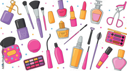 Makeup cosmetics collection vector illustration, beauty products set with brushes, lipstick, nail polish, perfume and tools in colorful flat cartoon style