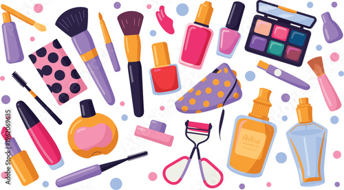 Makeup cosmetics collection vector illustration, beauty products set with brushes, lipstick, perfume, nail polish and accessories in colorful flat cartoon style